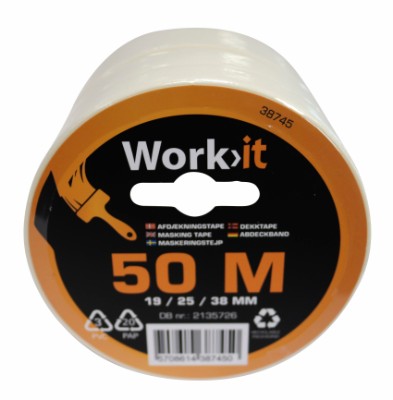 Work>it® masking tape 3-pack with 19/25/38 mm x 50 metre